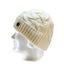 An off-white cable-knit beanie hat with a ribbed cuff and a small black button, displayed on a white mannequin head against a white background.