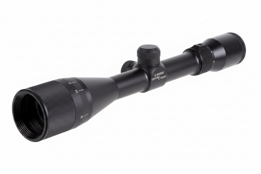 A black Zeiss 3-90mm riflescope scope photographed at an angle on a clean white background.