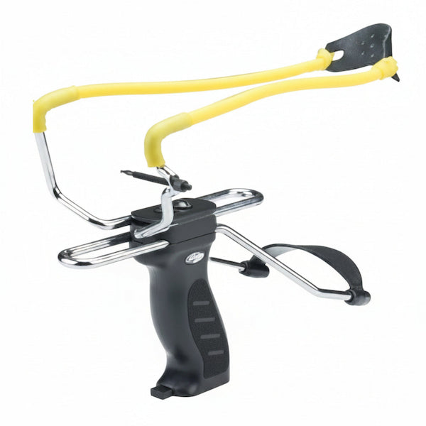 A black and silver pistol grip mounted on a yellow and black slingshot-style bow, shown against a plain white background.