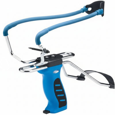 A blue and black slingshot-style bow and arrow set with a metal frame and black rubber bands, shown on a plain white background.