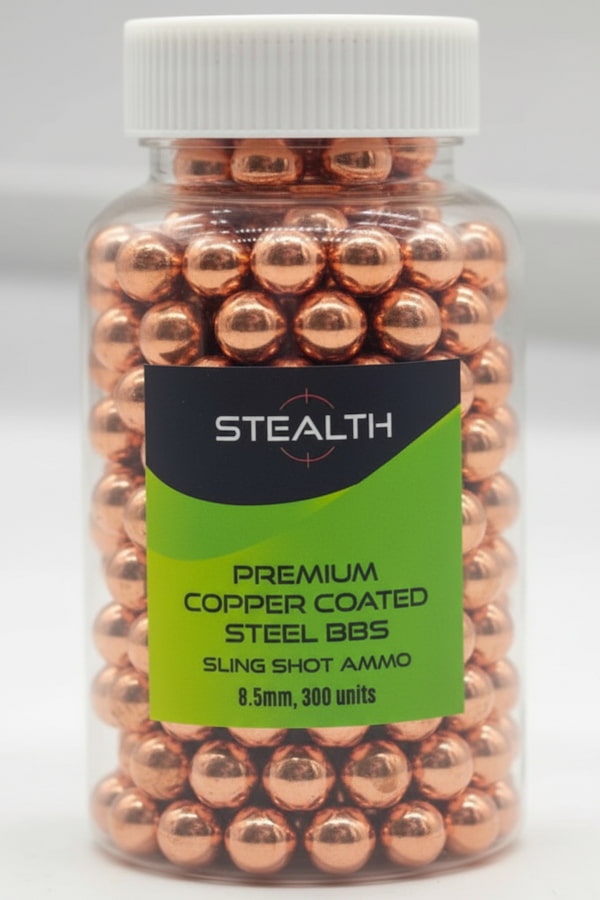 A clear plastic bottle filled with copper-coated steel BBs sling shot ammo, featuring a white ribbed cap and a black and lime green label with the brand name STEALTH.