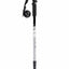 A single hiking pole shown vertically on a plain white background. The pole has a black textured handle, a black wrist strap, a black lower section, and a silver upper shaft with small black printed markings.