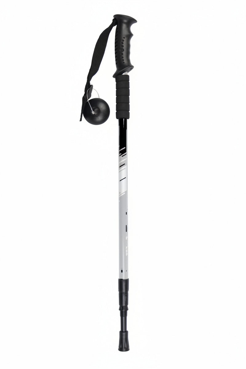 A single hiking pole shown vertically on a plain white background. The pole has a black textured handle, a black wrist strap, a black lower section, and a silver upper shaft with small black printed markings.