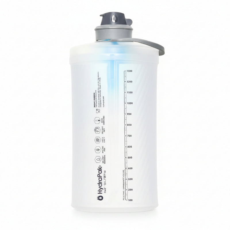 HydraPak water bottle with a translucent white body, gray cap, and gray carrying loop, featuring printed measurement markings and brand logo on a white background.