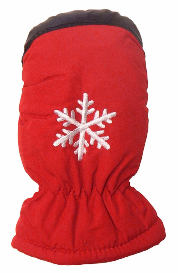 Red winter glove with a white snowflake design on a white background
