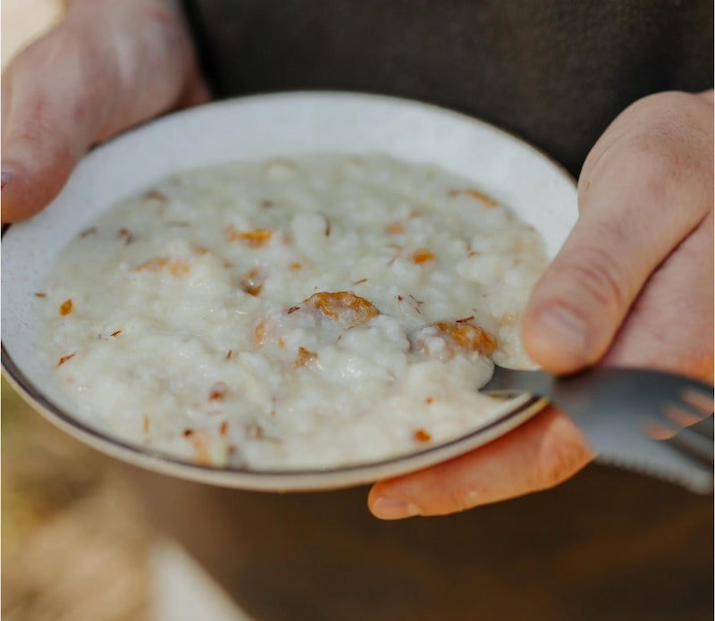 Person holding a bowl of porridge with a spoon