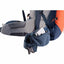 Close-up of a blue and gray backpack with a white pouch on a white background