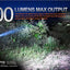 Person using a flashlight with '1800 Lumens Max Output' text in a dark outdoor setting.