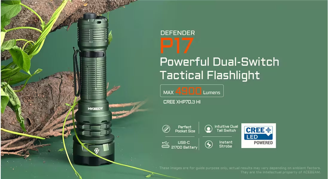 Green tactical flashlight with branding and specifications on a green background