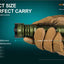Acebeam Defender P17 flashlight held in a gloved hand with product details on a blue background