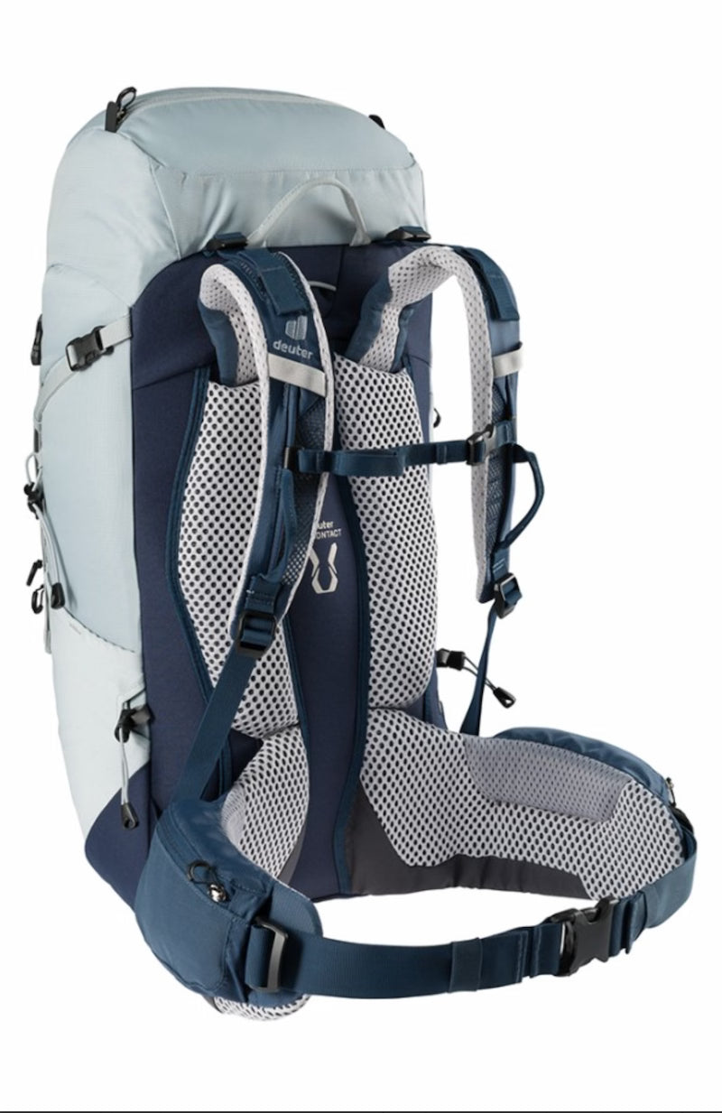 Hiking backpack with blue and gray design on a white background