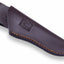 A dark brown leather knife sheath with visible tan stitching and an embossed logo on the side, shown on a plain white background.