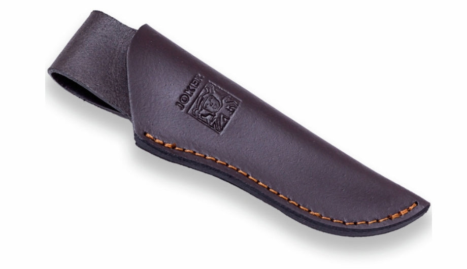 A dark brown leather knife sheath with visible tan stitching and an embossed logo on the side, shown on a plain white background.