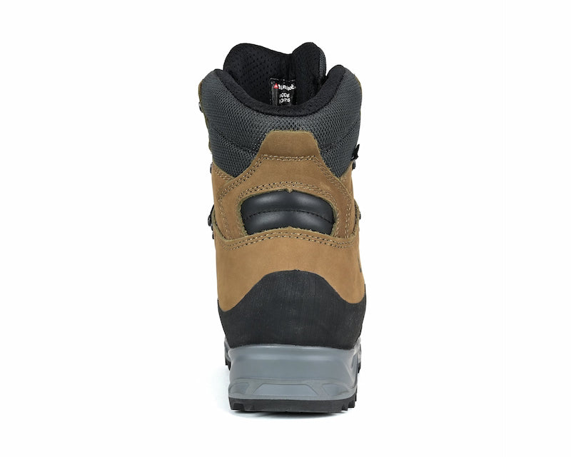 Back view of a brown and black boot with visible brand logo on a white background