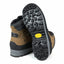 Brown and black hiking boot with a close-up of the sole on a white background