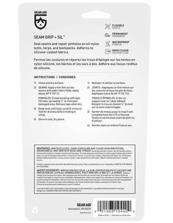 Back of a Gear Aid Seam Grip + Sil packaging with text and branding.