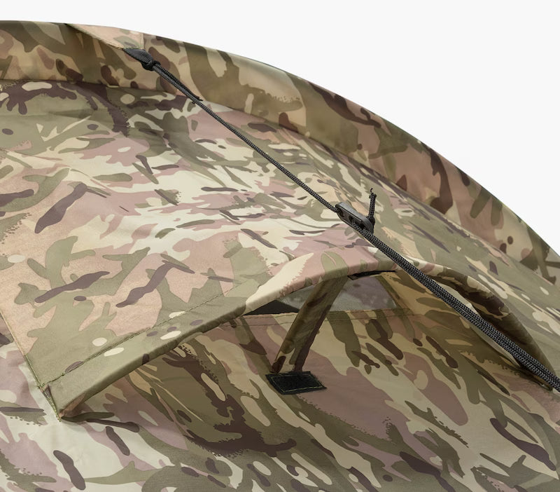 Camouflage-patterned tent with a white background