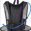 Black hydration backpack with a blue water tube on a white background