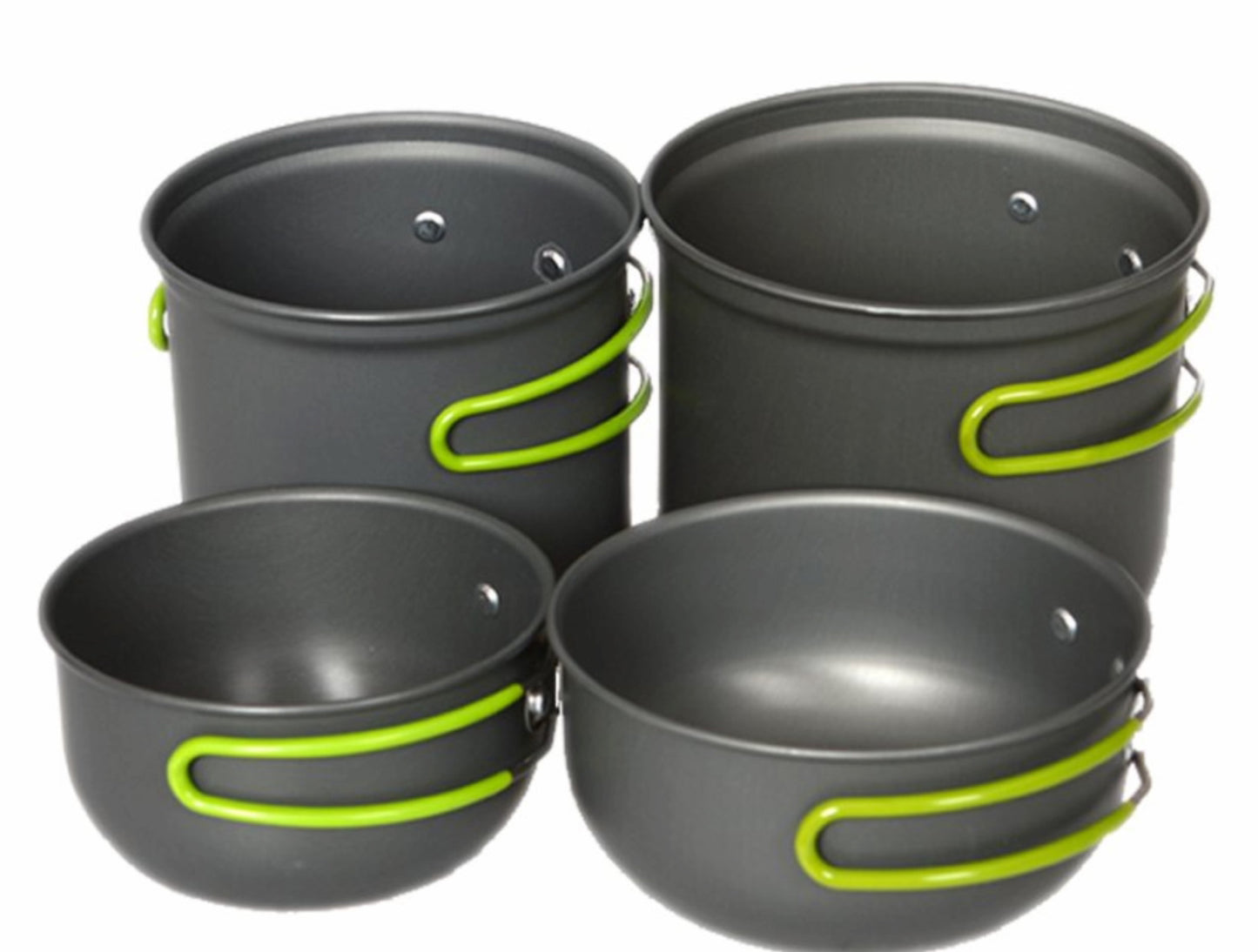 Set of four gray cookware pots with green handles on a white background