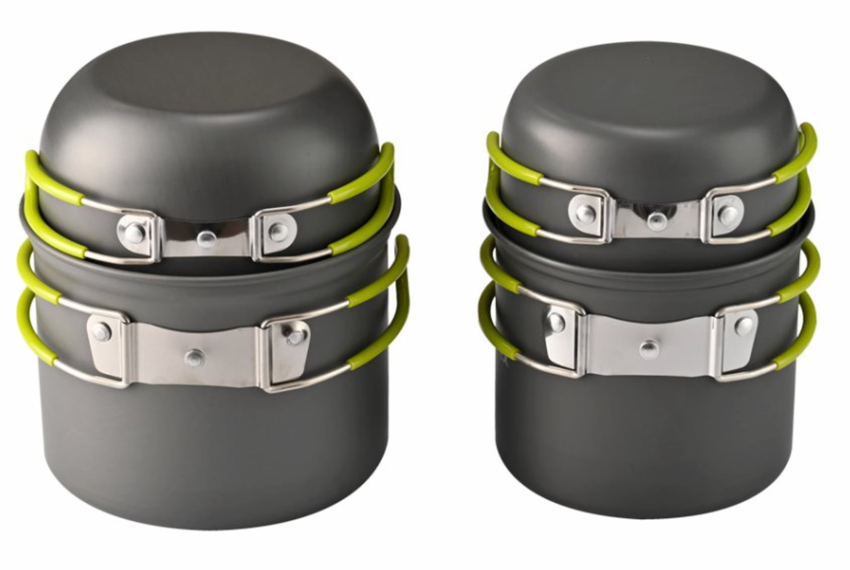 Two gray cookware sets with green straps on a white background