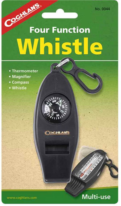Coghlan's four-function whistle packaging with carabiner and thermometer on a green background