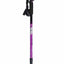 A single hiking pole shown vertically against a plain white background. The pole features a metallic purple shaft with reflective silver bands and black accents, including the textured black handle and the black tip.