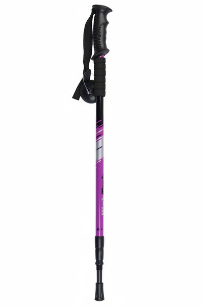 A single hiking pole shown vertically against a plain white background. The pole features a metallic purple shaft with reflective silver bands and black accents, including the textured black handle and the black tip.