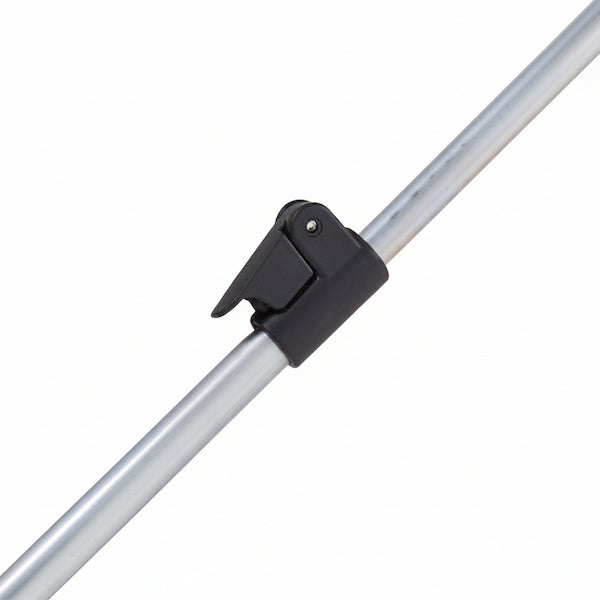 A close-up of a black plastic clip or clamp attached to a silver metal rod, shown against a plain white background.