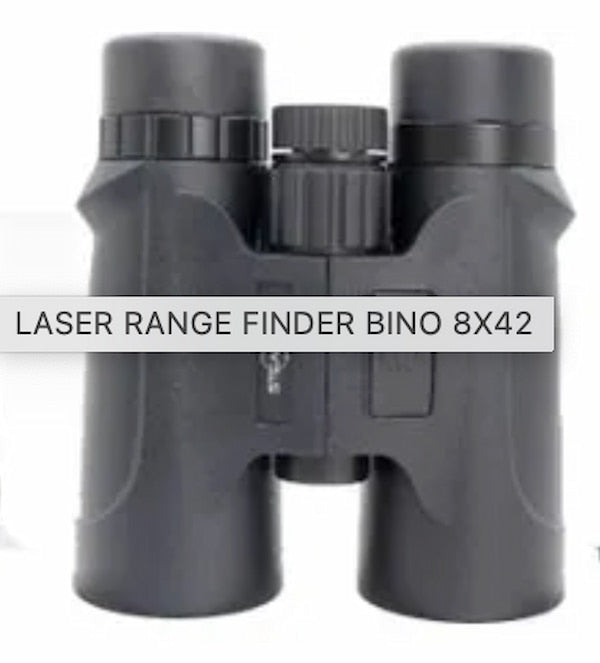 Black binoculars with laser range finder feature on a white background