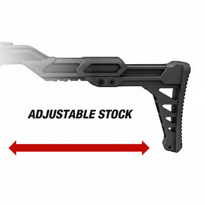 A black adjustable rifle stock shown on a white background with the text 'ADJUSTABLE STOCK' and a red double-arrow indicating range of motion.