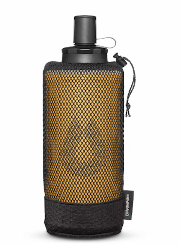 Black and yellow mesh water bottle holder on a white background