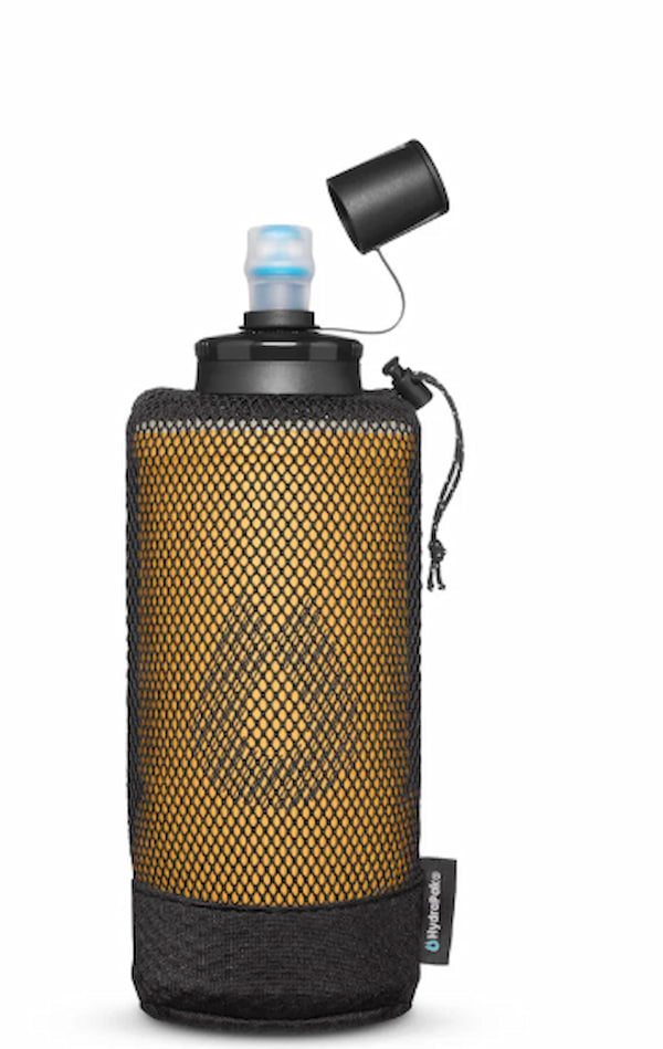 Black mesh water bottle holder with a black cap on a white background