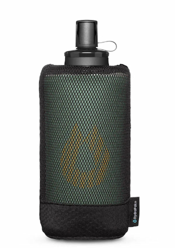 Water bottle with a green mesh sleeve on a white background