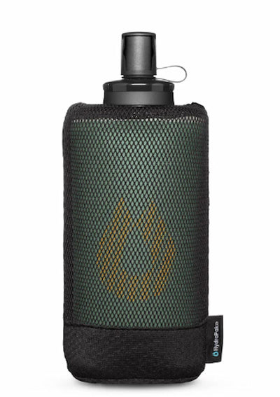 Water bottle with a green mesh sleeve on a white background