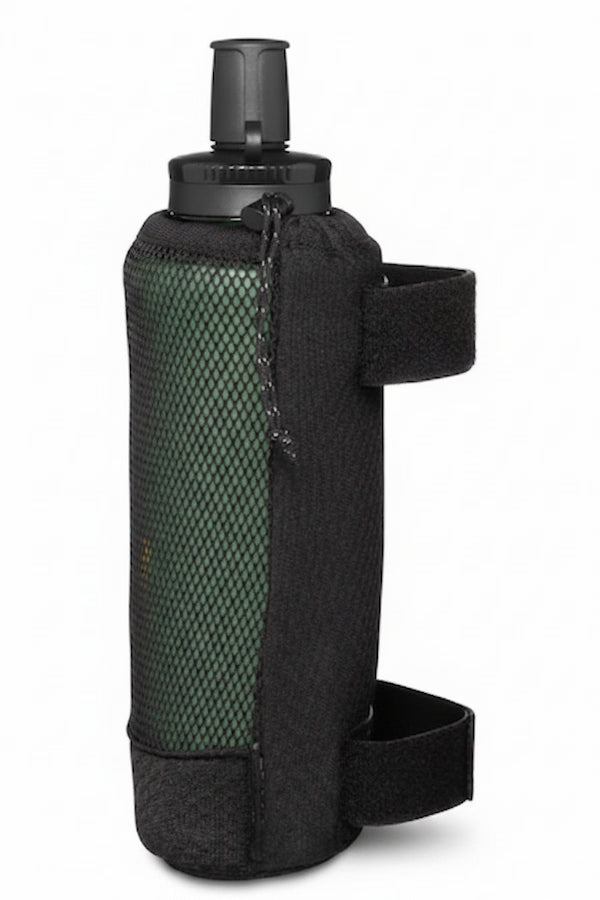Black and green water bottle holder on a white background