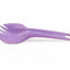 A purple plastic spork with a handle, photographed on a clean white background.