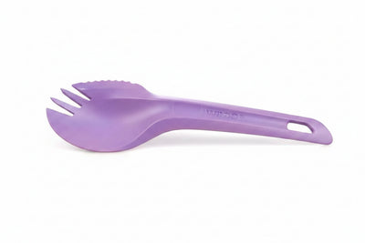 A purple plastic spork with a handle, photographed on a clean white background.