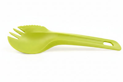 A lime green silicone spork with integrated spaghetti noodles, shown on a plain white background.