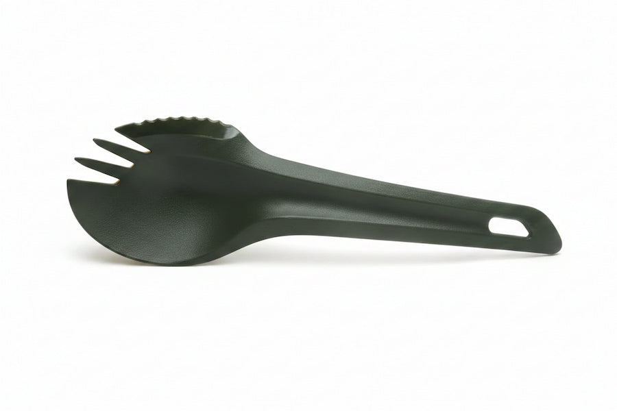 A dark green spork utensil with integrated tines on the spoon end and a hanging hole in the handle, shown on a plain white background.