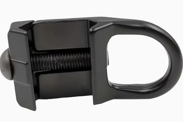 Black metal clasp with spring mechanism on a white background