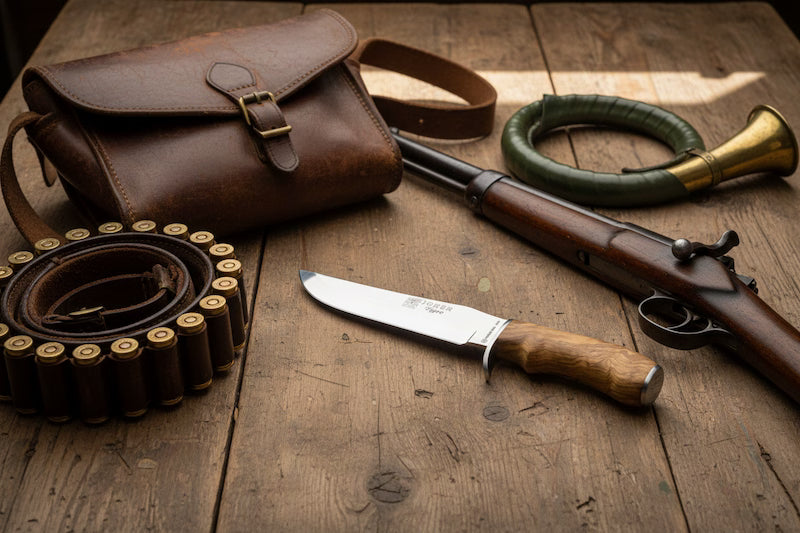Hunting gear including a rifle, knife, ammunition, and leather bag on a wooden surface.