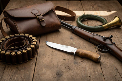 Hunting gear including a rifle, knife, ammunition, and leather bag on a wooden surface.