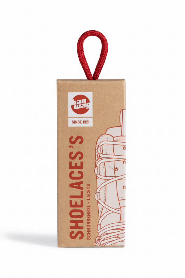 A brown cardboard shoe lace packaging box with a red hanging loop at the top, featuring the JAB JAB logo and the text 'SHOELACES' in red alongside a line drawing of shoe laces.