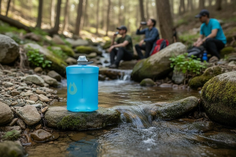 Blue water bottle on a rock in a forest setting with people in the background.