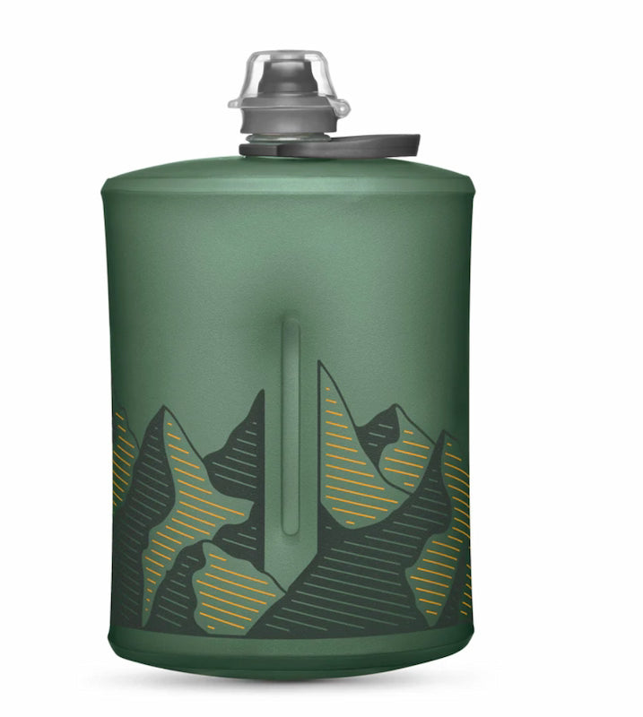 Green water bottle with mountain design on a white background
