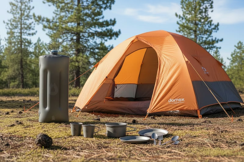Orange dome tent with camping gear on a grassy field with trees in the background