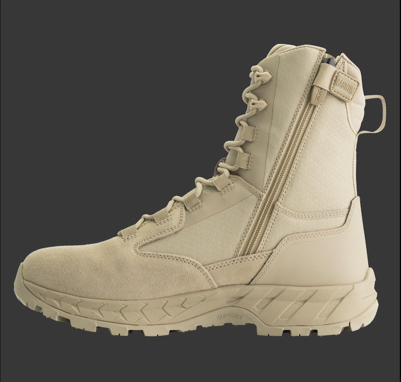 Beige tactical boot with zipper on a black background