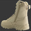 Tan tactical boot with zipper on a black background