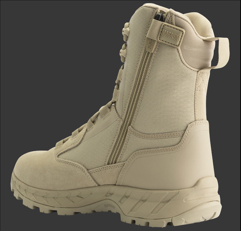 Tan tactical boot with zipper on a black background