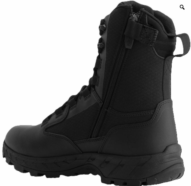 Black tactical boot with side zipper on a white background
